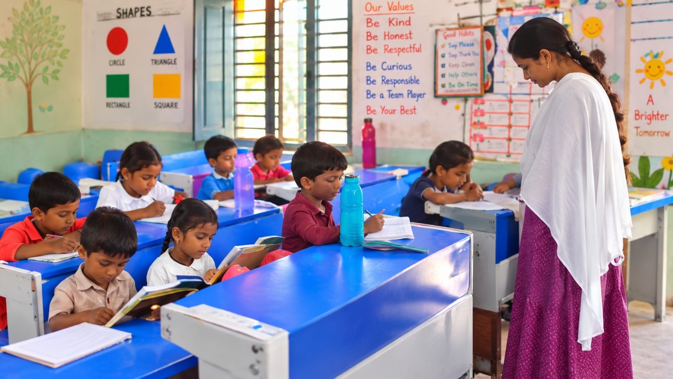 A tutor working with children in a classroom